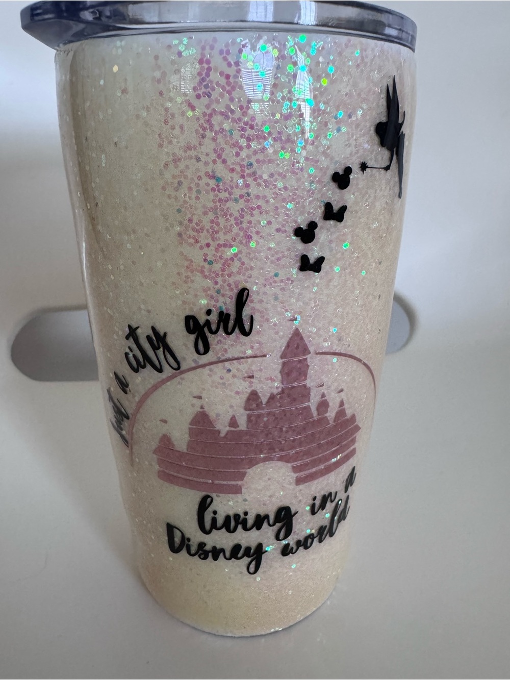 Disney Inspired Cream Glitter Tumbler 20 oz Pink Castle Tinkerbell Travel Cup - Picture 3 of 10